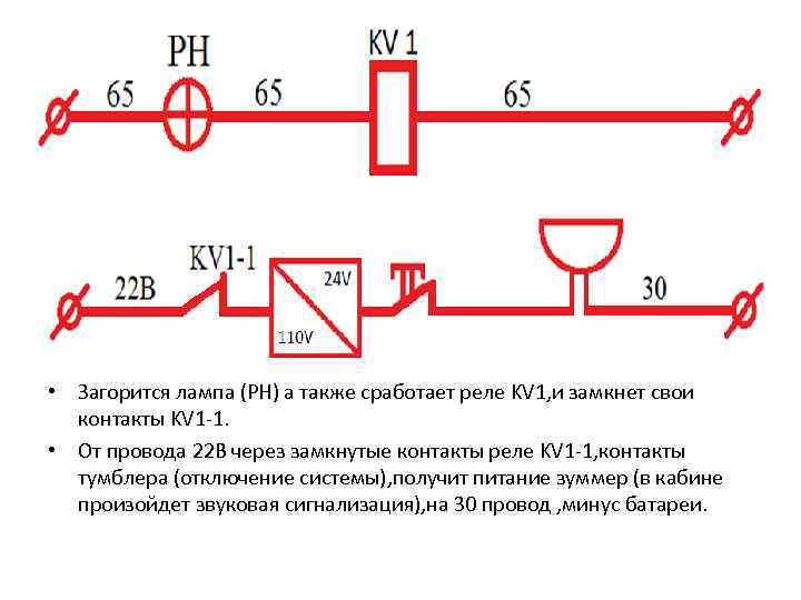  • Загорится лампа (РН) а также сработает реле KV 1, и замкнет свои