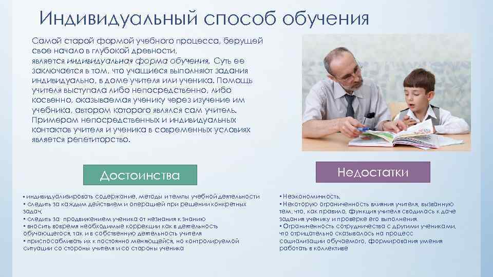 Индивидуальный способ обучения Самой старой формой учебного процесса, берущей свое начало в глубокой древности,