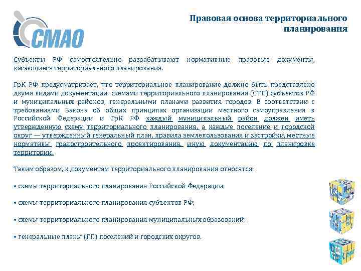 Правовая основа территориального планирования Субъекты РФ самостоятельно разрабатывают нормативные правовые документы, касающиеся территориального планирования.