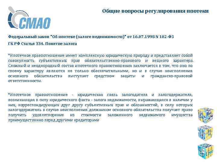 Общие вопросы регулирования ипотеки Федеральный закон "Об ипотеке (залоге недвижимости)" от 16. 07. 1998