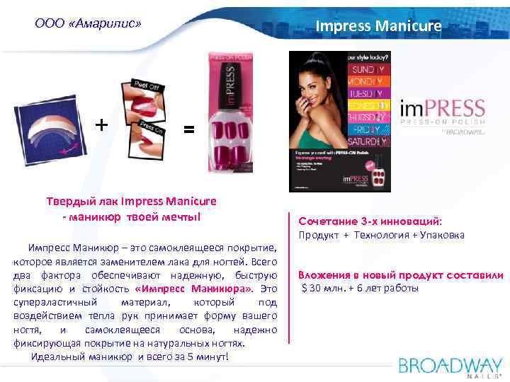OOO Amaryllis ООО «Амарилис» Impress Manicure Russia + = Твердый лак Impress Manicure -