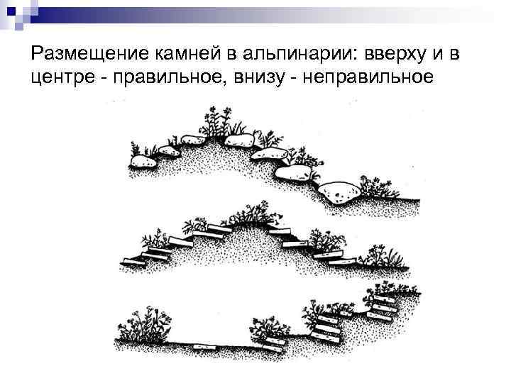 Размещение камней в альпинарии: вверху и в центре - правильное, внизу - неправильное 