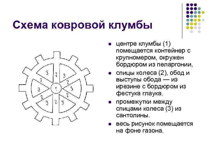 Схема ковровой клумбы l l центре клумбы (1) помещается контейнер с крупномером, окружен бордюром