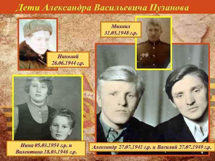  Дети Александра Васильевича Пузанова Михаил 31. 05. 1948 г. р. Николай 26. 06.