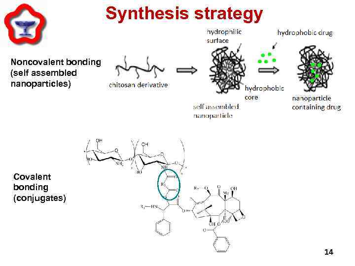 Synthesis strategy Noncovalent bonding (self assembled nanoparticles) Covalent bonding (conjugates) 14 