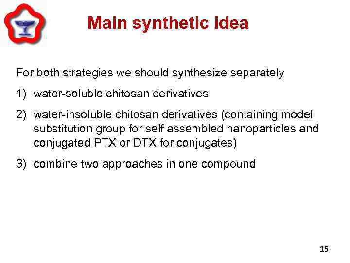 Main synthetic idea For both strategies we should synthesize separately 1) water-soluble chitosan derivatives