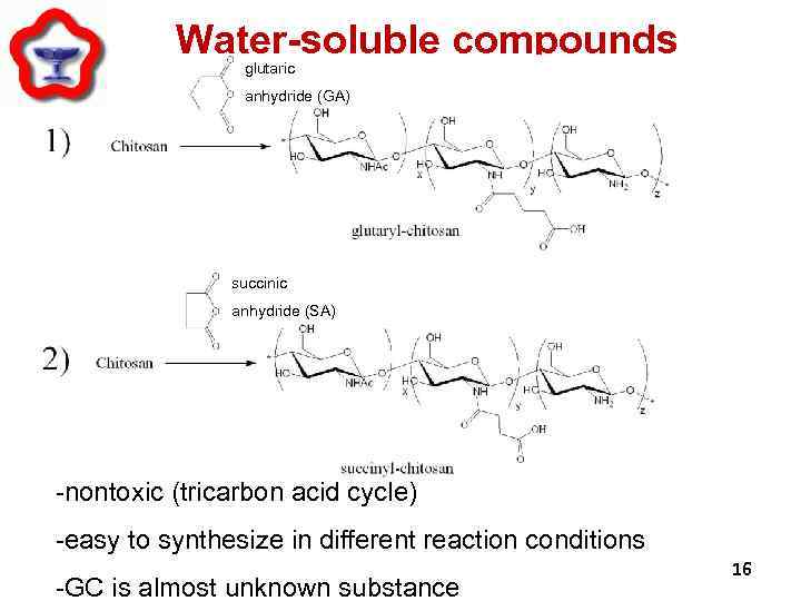 Water-soluble compounds glutaric anhydride (GA) succinic anhydride (SA) -nontoxic (tricarbon acid cycle) -easy to