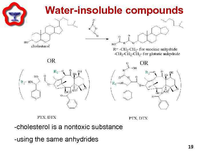 Water-insoluble compounds -cholesterol is a nontoxic substance -using the same anhydrides 19 