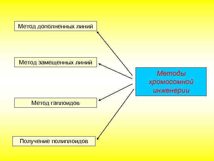 Метод дополненных линий Метод замещенных линий Методы хромосомной инженерии Метод гаплоидов Получение полиплоидов 