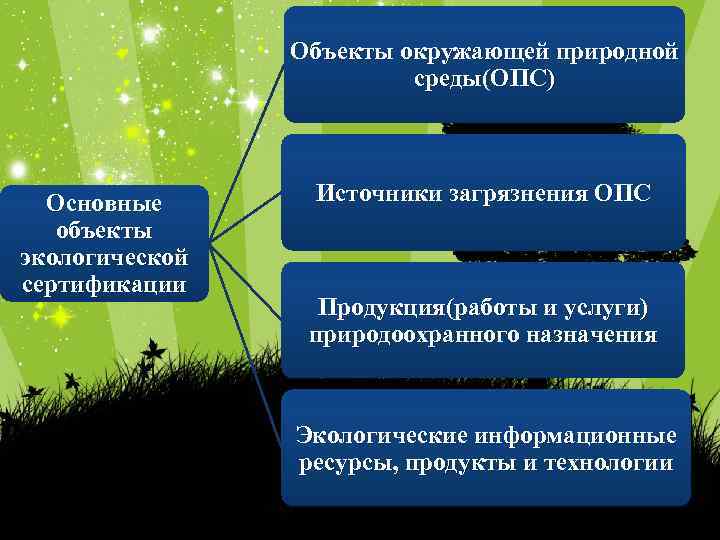 Объекты окружающей природной среды(ОПС) Основные объекты экологической сертификации Источники загрязнения ОПС Продукция(работы и услуги)