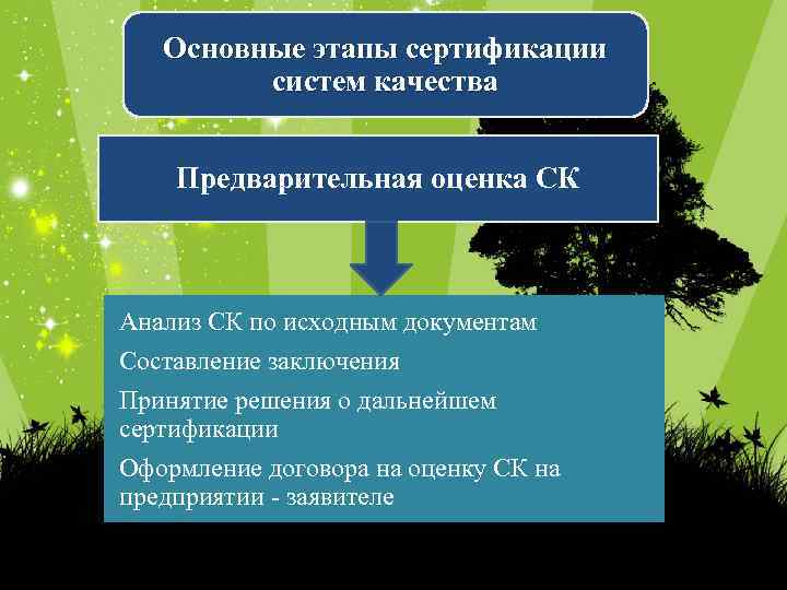 Основные этапы сертификации систем качества Предварительная оценка СК Анализ СК по исходным документам Составление