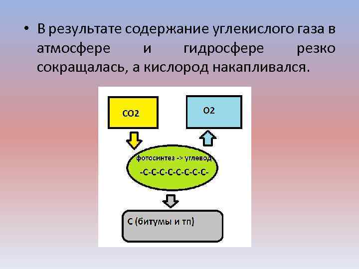  • В результате содержание углекислого газа в атмосфере и гидросфере резко сокращалась, а