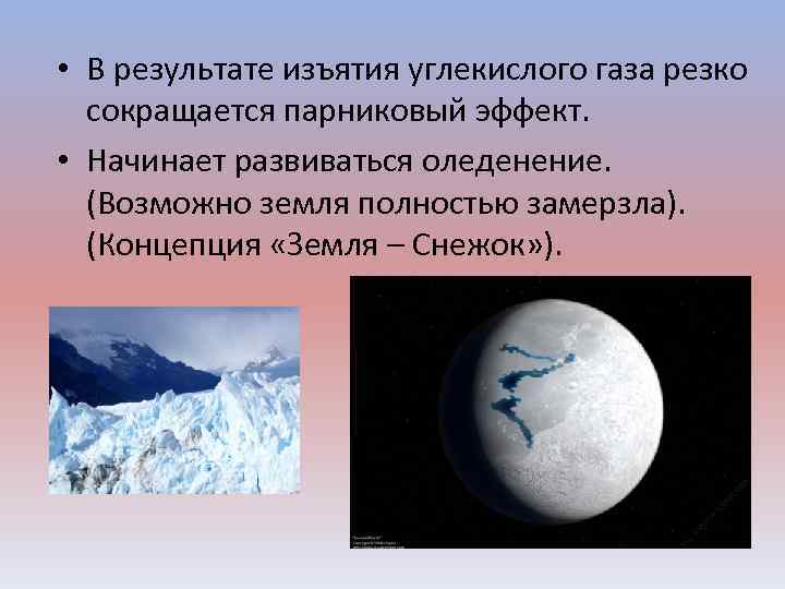  • В результате изъятия углекислого газа резко сокращается парниковый эффект. • Начинает развиваться