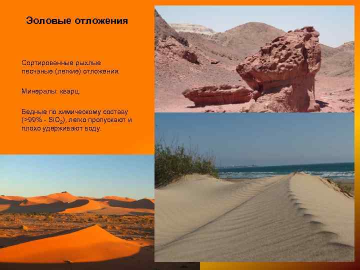 Эоловые отложения Сортированные рыхлые песчаные (легкие) отложения. Минералы: кварц. Бедные по химическому составу (>99%