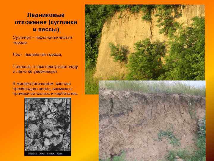Ледниковые отложения (суглинки и лессы) Суглинок – песчано-глинистая порода. Лес - пылеватая порода. Тяжелые,