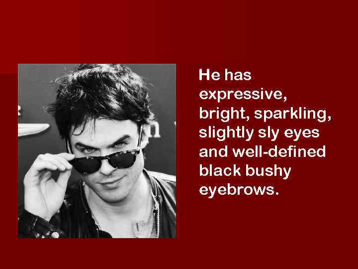 He has expressive, bright, sparkling, slightly sly eyes and well-defined black bushy eyebrows. 