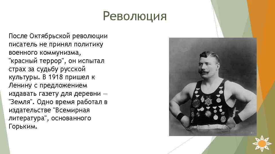 Революция После Октябрьской революции писатель не принял политику военного коммунизма, "красный террор", он испытал