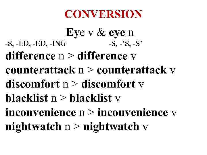 CONVERSION Eye v & eye n -S, -ED, -ING -S, -’S, -S’ difference n