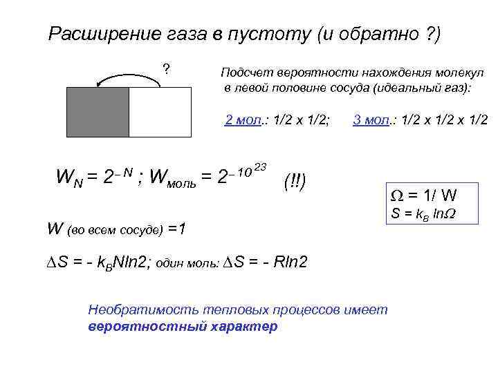 Расширение газа в пустоту (и обратно ? ) ? Подсчет вероятности нахождения молекул в
