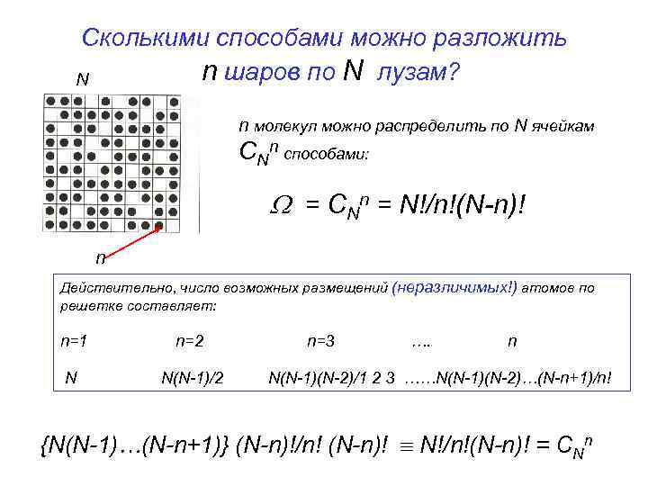 Сколькими способами можно разложить n шаров по N лузам? N n молекул можно распределить