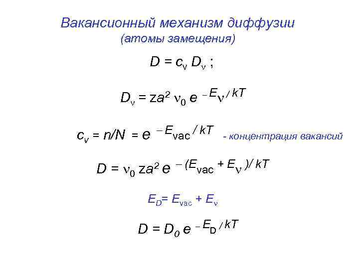 Вакансионный механизм диффузии (атомы замещения) D = c v D ; D = za