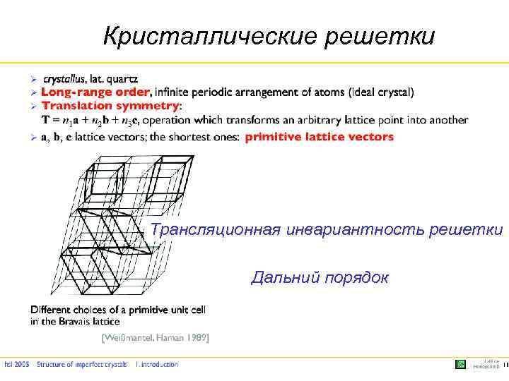 Кристаллические решетки Трансляционная инвариантность решетки Дальний порядок 
