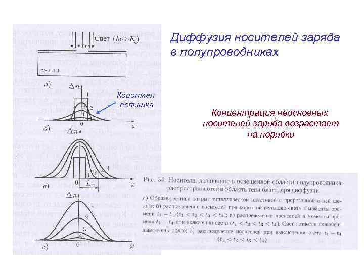 Диффузия носителей заряда в полупроводниках Короткая вспышка Концентрация неосновных носителей заряда возрастает на порядки