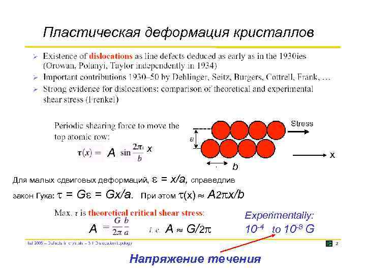 Пластическая деформация кристаллов x A Для малых сдвиговых деформаций, закон Гука: = Gx/a. A