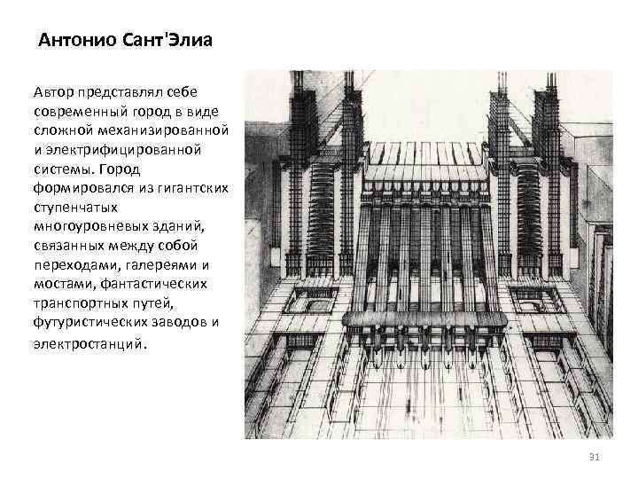 Антонио Сант'Элиа Автор представлял себе современный город в виде сложной механизированной и электрифицированной системы.