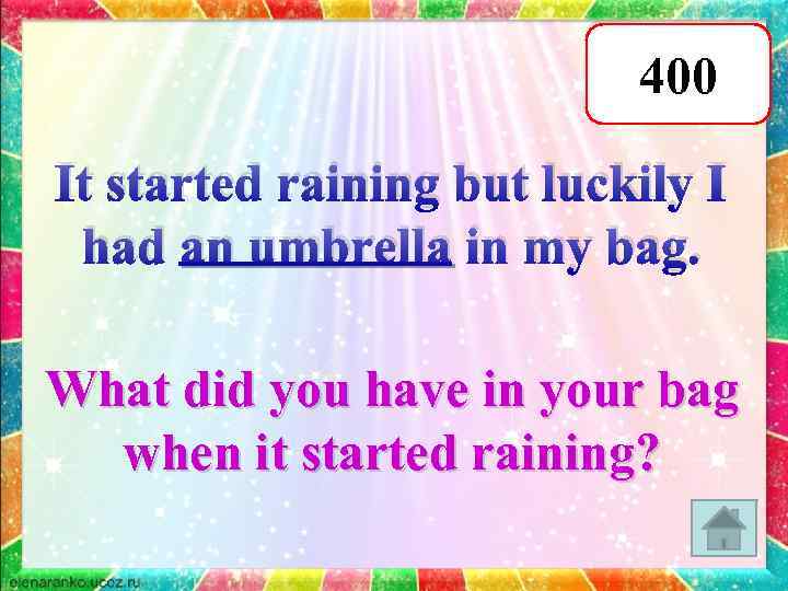 400 It started raining but luckily I had an umbrella in my bag. What