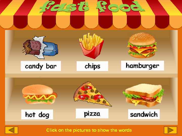 candy bar chips hamburger hot dog pizza sandwich Click on the pictures to show