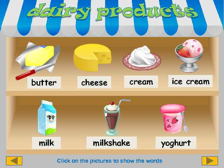 butter milk cheese ice cream milkshake yoghurt Click on the pictures to show the
