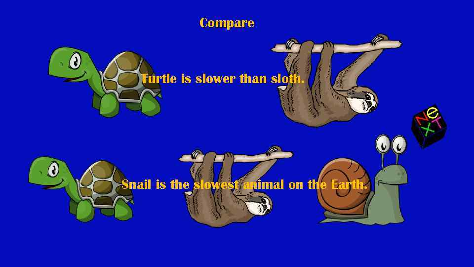 Compare Turtle is slower than sloth. Snail is the slowest animal on the Earth.