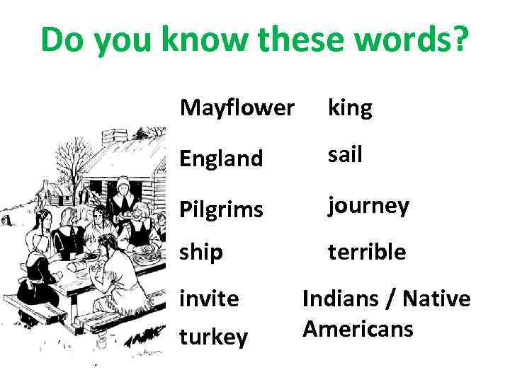 Do you know these words? Mayflower king England sail Pilgrims journey ship terrible invite