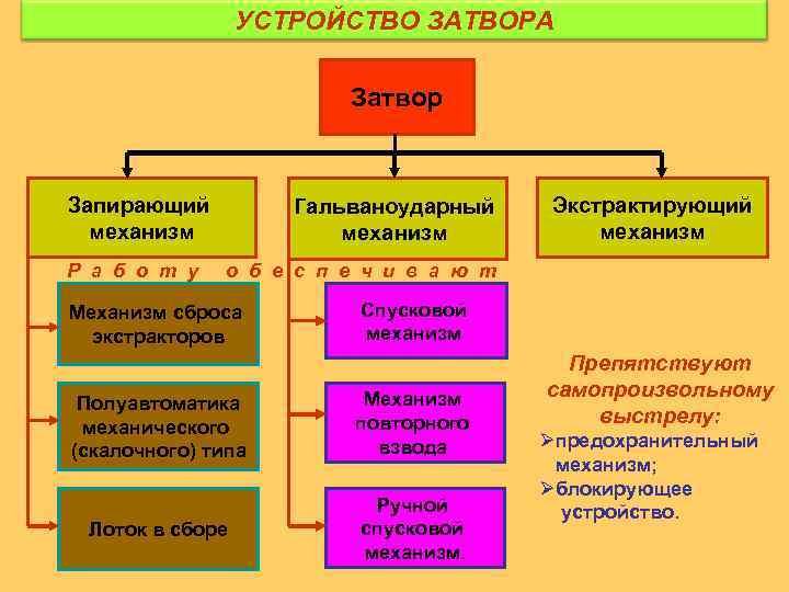УСТРОЙСТВО ЗАТВОРА Затвор Запирающий механизм Гальваноударный механизм Экстрактирующий механизм Р а б о т