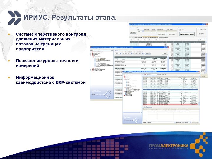 ИРИУС. Результаты этапа. • Система оперативного контроля движения материальных потоков на границах предприятия •