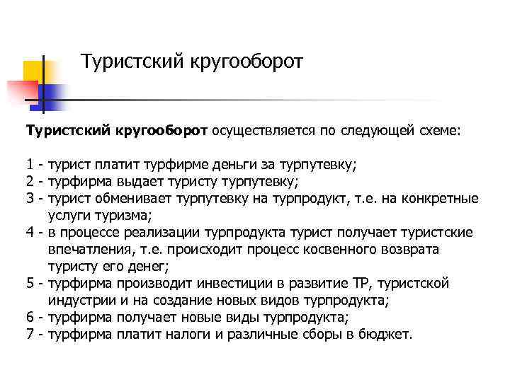 Туристский кругооборот осуществляется по следующей схеме: 1 - турист платит турфирме деньги за турпутевку;