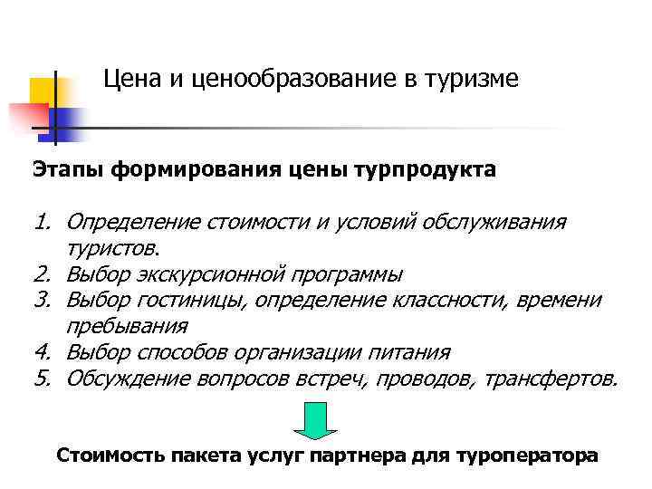 Цена и ценообразование в туризме Этапы формирования цены турпродукта 1. Определение стоимости и условий