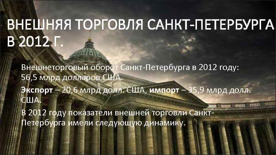 ВНЕШНЯЯ ТОРГОВЛЯ САНКТ-ПЕТЕРБУРГА В 2012 Г. Внешнеторговый оборот Санкт-Петербурга в 2012 году: 56, 5