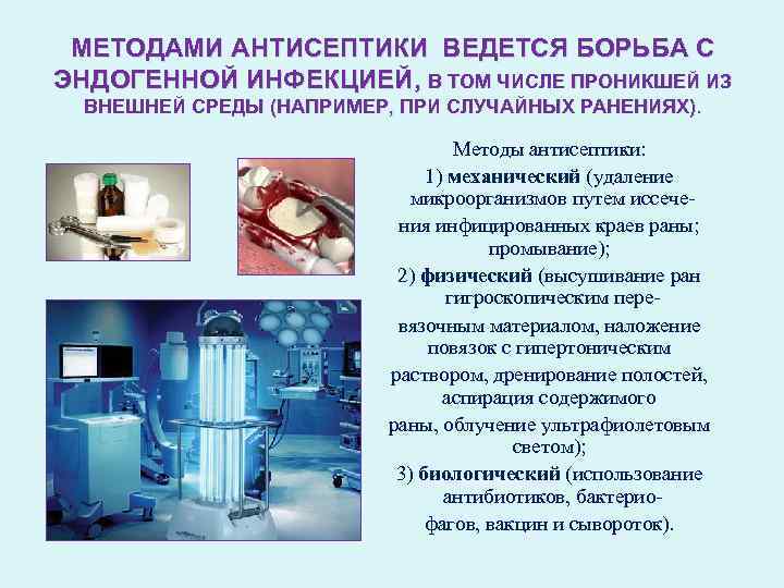 МЕТОДАМИ АНТИСЕПТИКИ ВЕДЕТСЯ БОРЬБА С ЭНДОГЕННОЙ ИНФЕКЦИЕЙ, В ТОМ ЧИСЛЕ ПРОНИКШЕЙ ИЗ ВНЕШНЕЙ СРЕДЫ