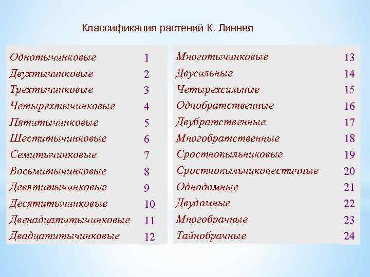 Классификация растений К. Линнея Однотычинковые Двухтычинковые Трехтычинковые Четырехтычинковые Пятитычинковые Шеститычинковые Семитычинковые Восьмитычинковые Девятитычинковые Десятитычинковые