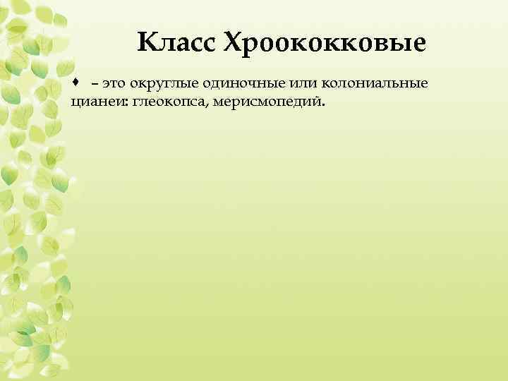 Класс Хроококковые · – это округлые одиночные или колониальные цианеи: глеокопса, мерисмопедий. 
