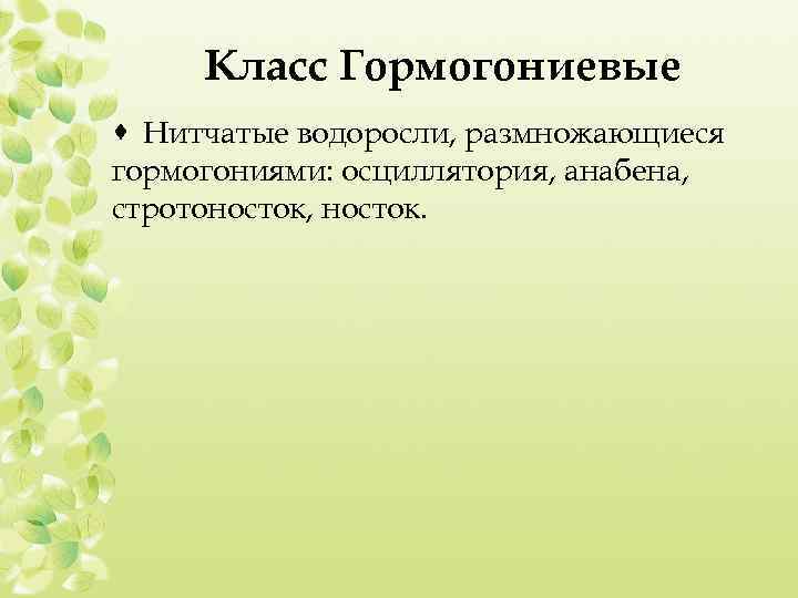 Класс Гормогониевые · Нитчатые водоросли, размножающиеся гормогониями: осциллятория, анабена, стротоносток, носток. 
