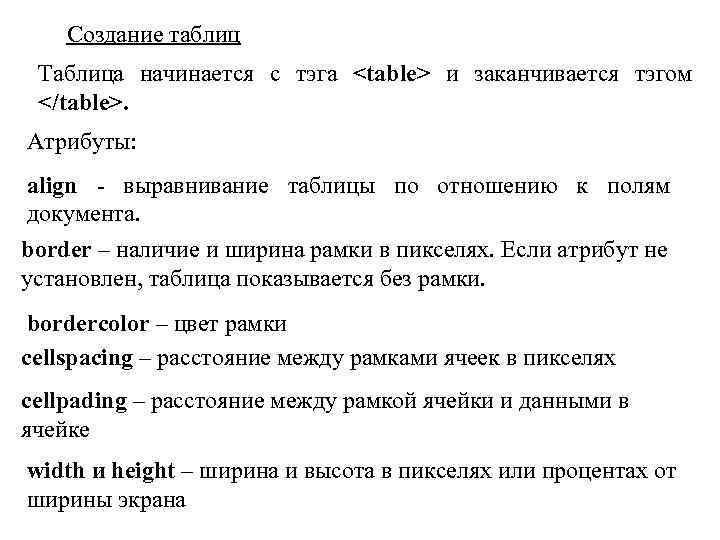Создание таблиц Таблица начинается с тэга <table> и заканчивается тэгом </table>. Атрибуты: align -