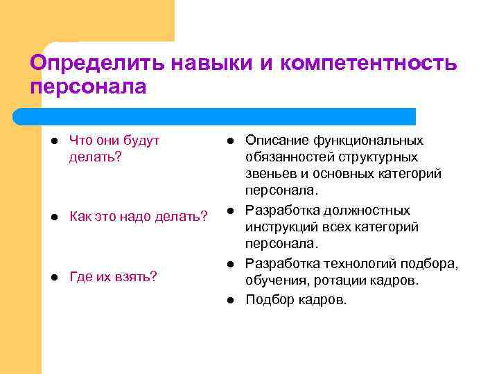 Определить навыки и компетентность персонала l Что они будут делать? l l Как это