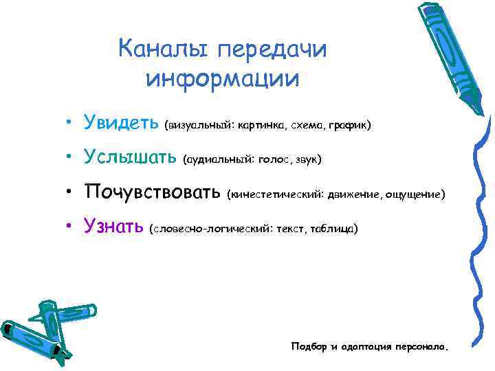 Каналы передачи информации • Увидеть (визуальный: картинка, схема, график) • Услышать (аудиальный: голос, звук)