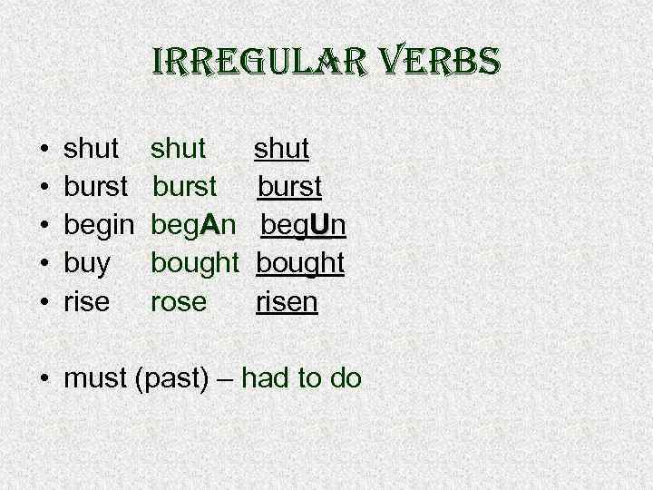 irregular verbs • • • shut burst begin buy rise shut burst beg. An