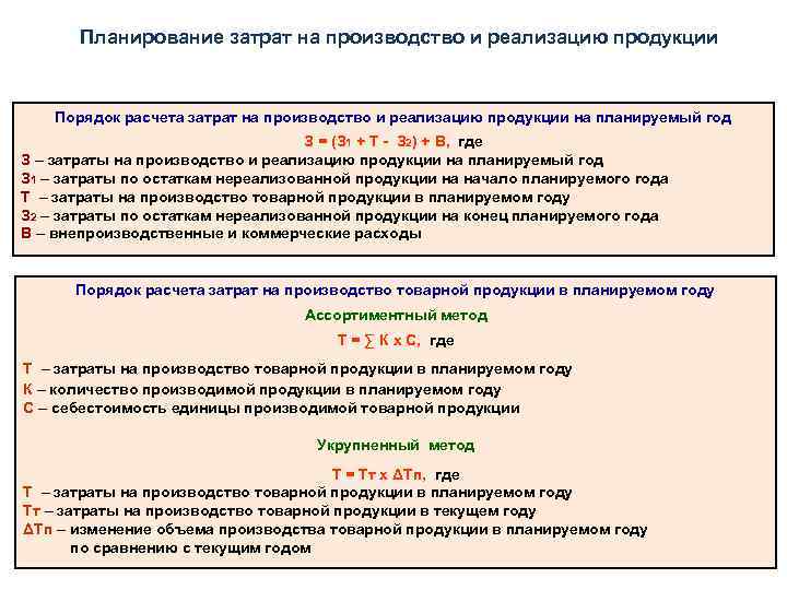 Планирование затрат на производство и реализацию продукции Порядок расчета затрат на производство и реализацию