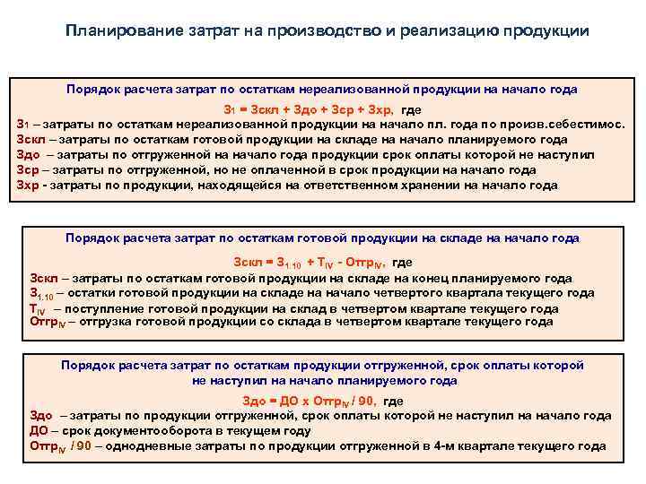 Планирование затрат на производство и реализацию продукции Порядок расчета затрат по остаткам нереализованной продукции