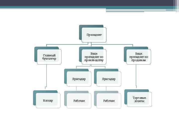 Президент Главный бухгалтер Вице президент по производству Бригадир Кассир Бригадир Рабочие Вице президент по